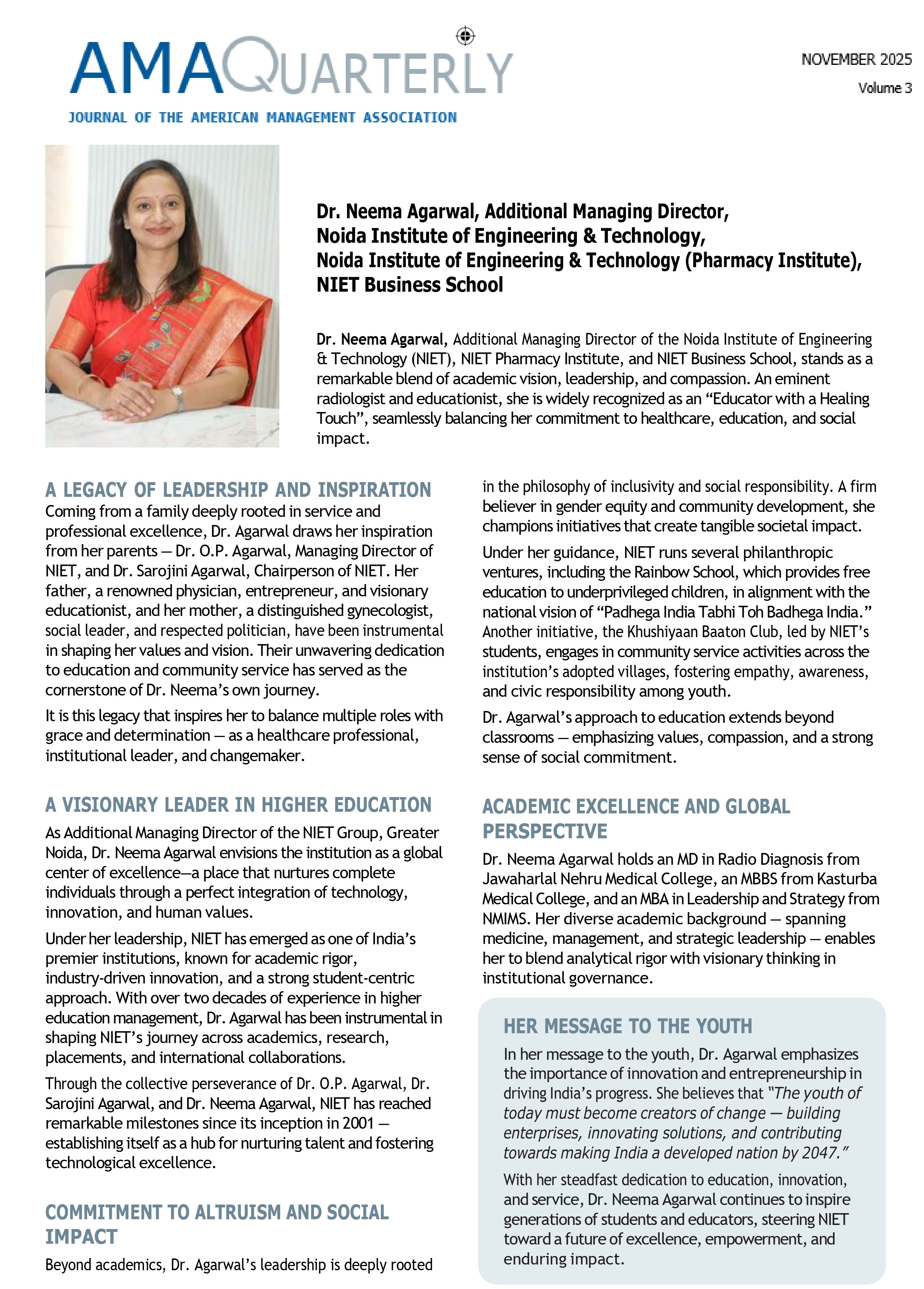 A Legacy of Leadership Dr. Neema Agarwal Featured in AMA Quarterly