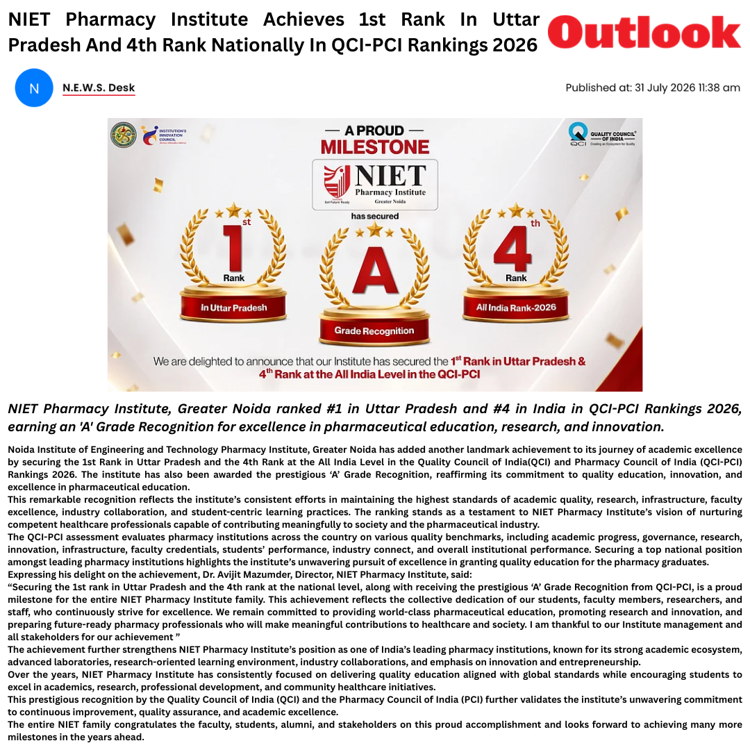 NIET Pharmacy Institute Achieves 1st Rank in Uttar Pradesh and 4th Rank Nationally in QCI-PCI Rankings 2026