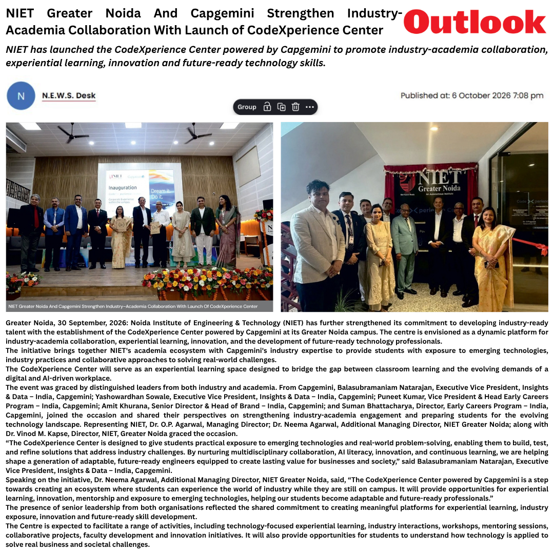 NIET Greater Noida And Capgemini Strengthen Industry-Academia Collaboration With Launch of CodeXperience Center