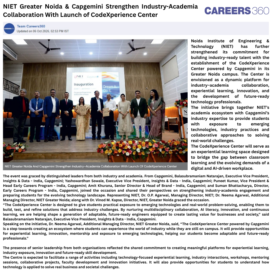 NIET Greater Noida & Capgemini Strengthen Industry-Academia Collaboration With Launch of CodeXperience Center