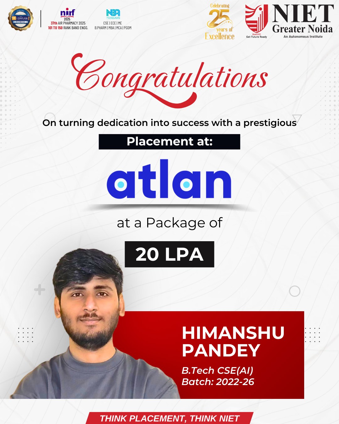 Himanshu Pandey of NIET Batch 2022–26 Secures 20 LPA Placement at Atlan