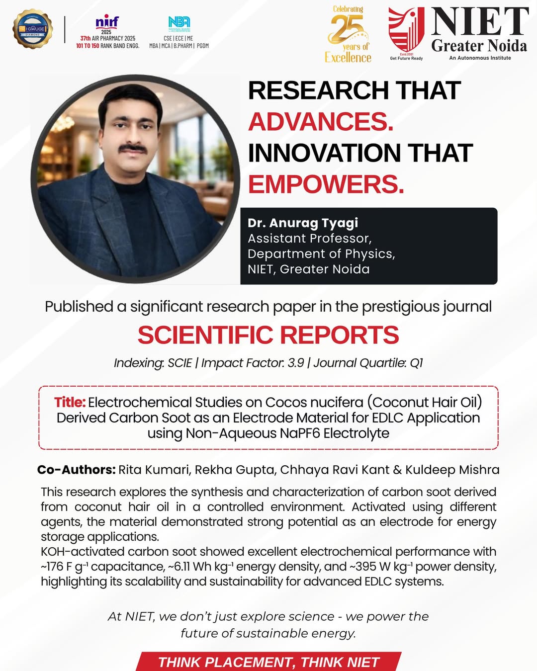 NIET Proudly Celebrates Dr. Anurag Tyagi’s Research Publication in Scientific Reports on Sustainable Energy Solutions