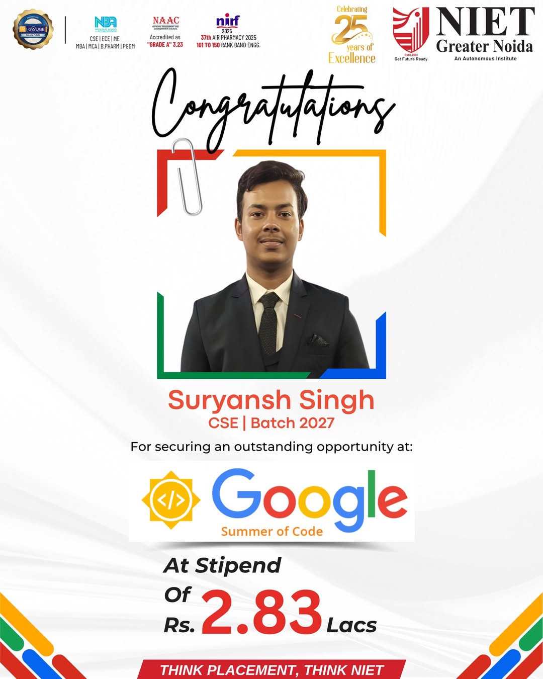 NIET Greater Noida congratulates Suryansh Singh on securing an opportunity at Google Summer of Code