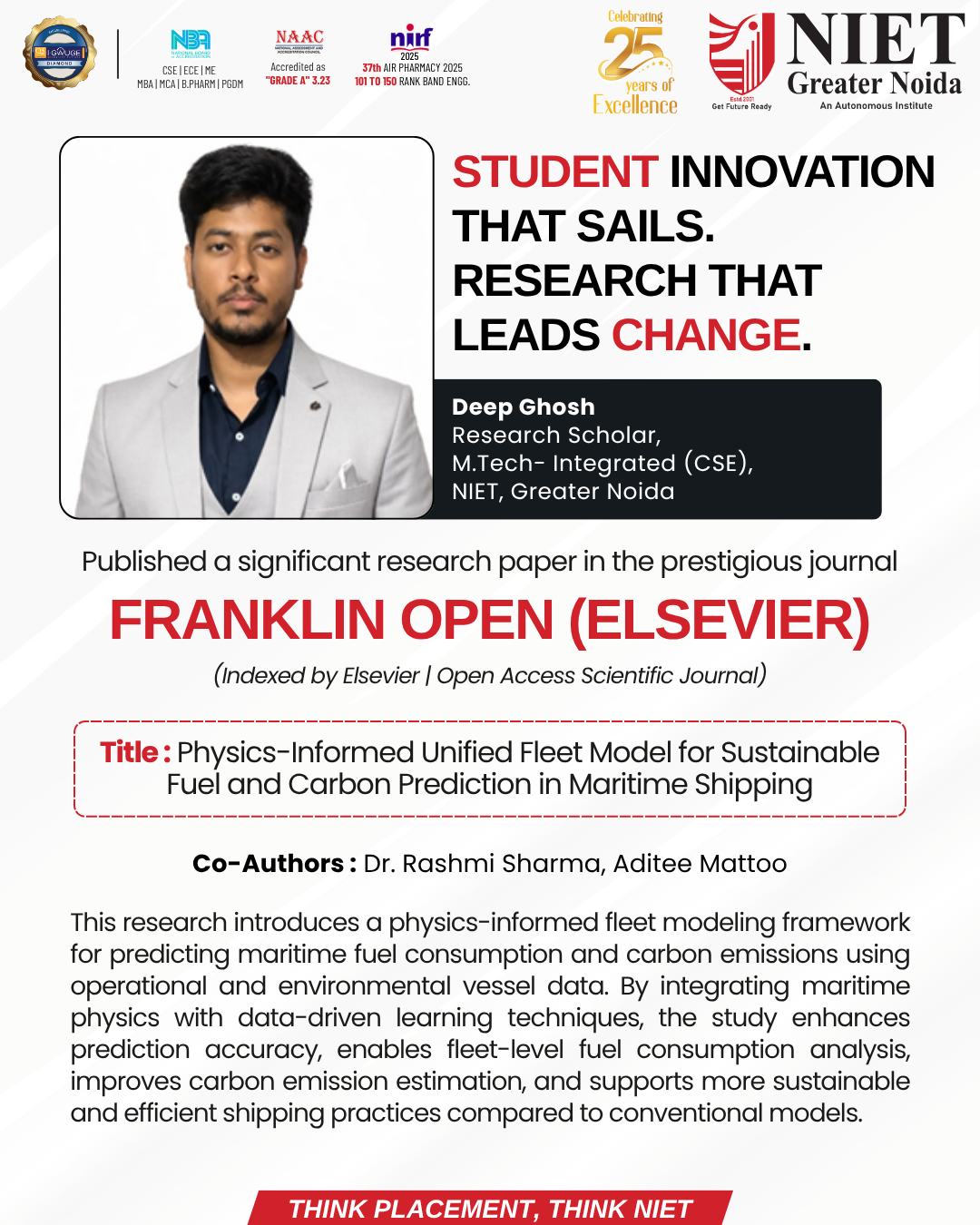 NIET Greater Noida celebrates Deep Ghosh for his Elsevier research publication on AI-driven sustainable solutions in maritime shipping