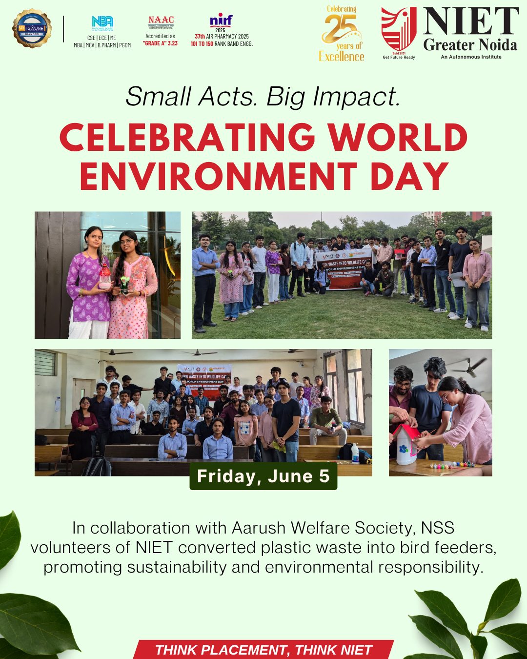 NIET Greater Noida NSS volunteers promote sustainability on World Environment Day through an innovative plastic waste upcycling initiative.
