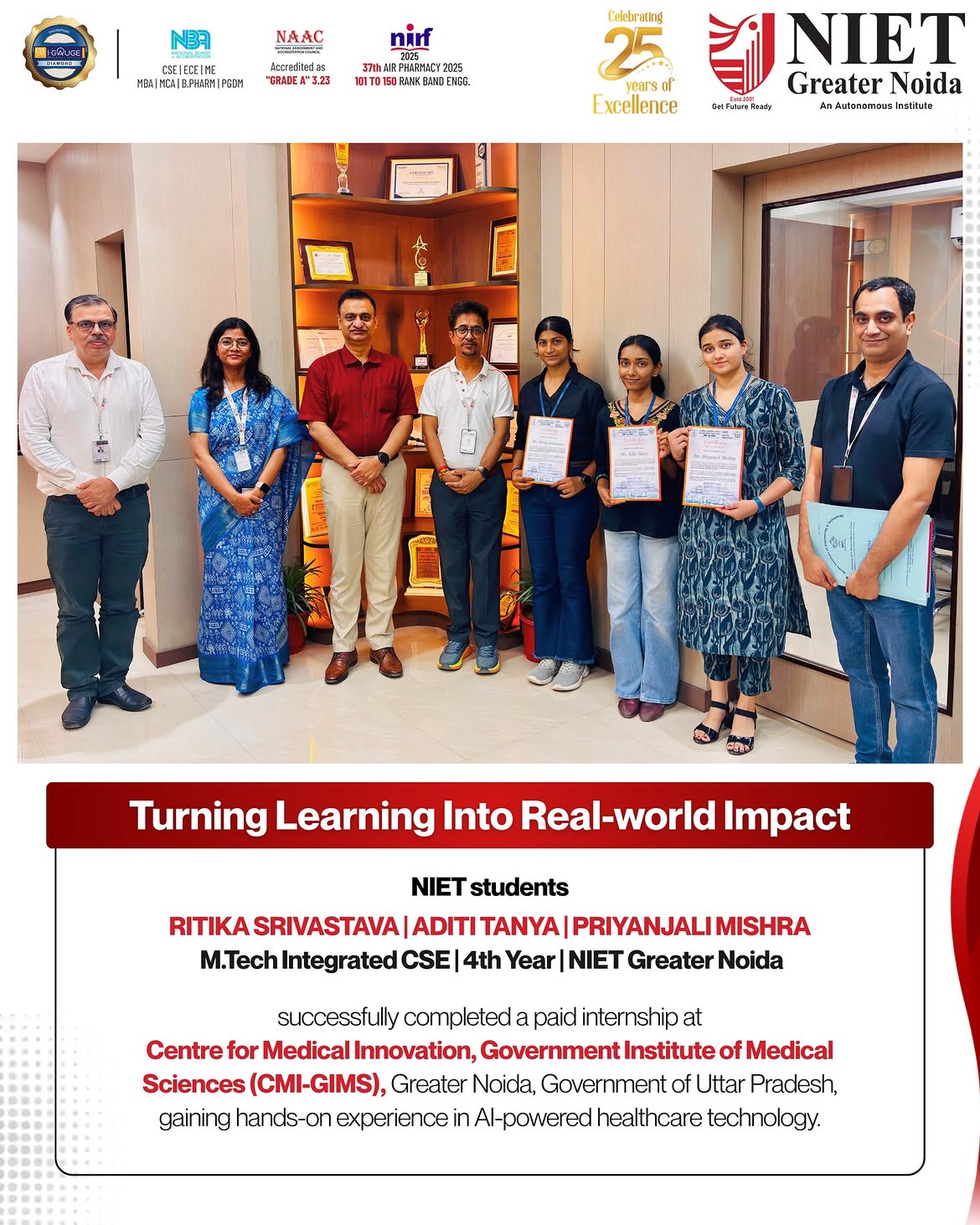 NIET Greater Noida celebrates Ritika Srivastava, Aditi Tanya and Priyanjali Mishra for completing a paid internship at CMI-GIMS, gaining hands-on experience in AI, web development and UI/UX.