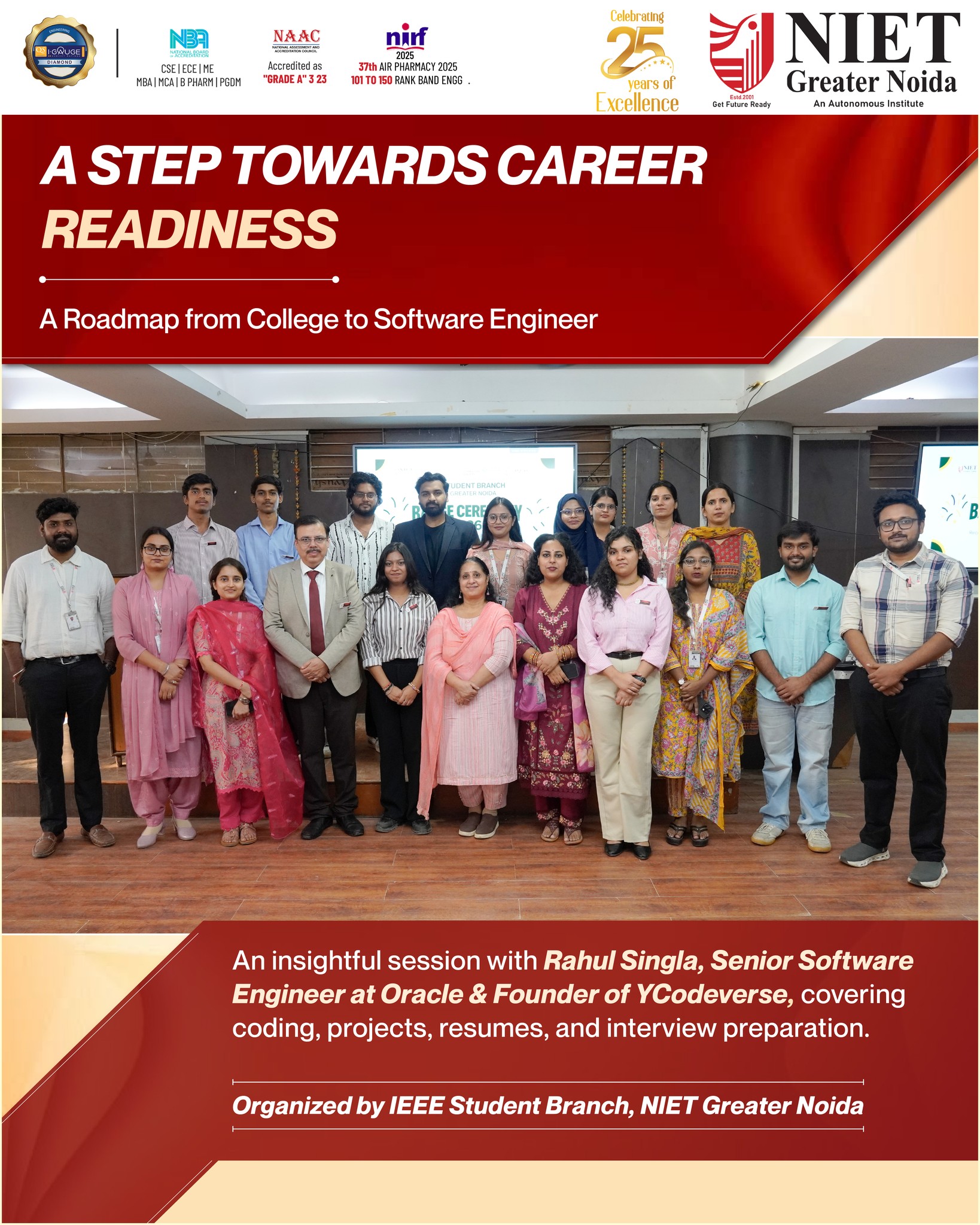 NIET Greater Noida’s IEEE Student Branch hosts a tech placement preparation session with Oracle’s Rahul Singla, guiding students towards industry-ready software careers.