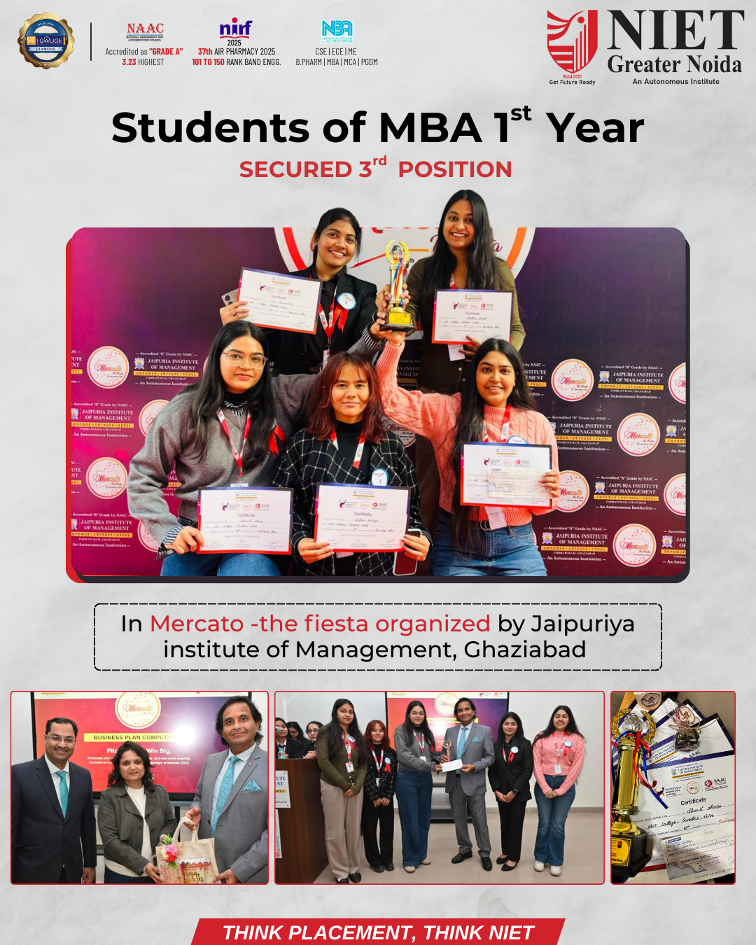 NIET MBA 1st Year Students Secure 3rd Position at Mercato Fest, JIM Ghaziabad
