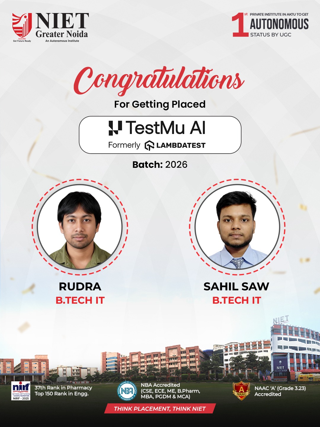 NIET Students Placed at TestMu AI (Formerly LambdaTest)