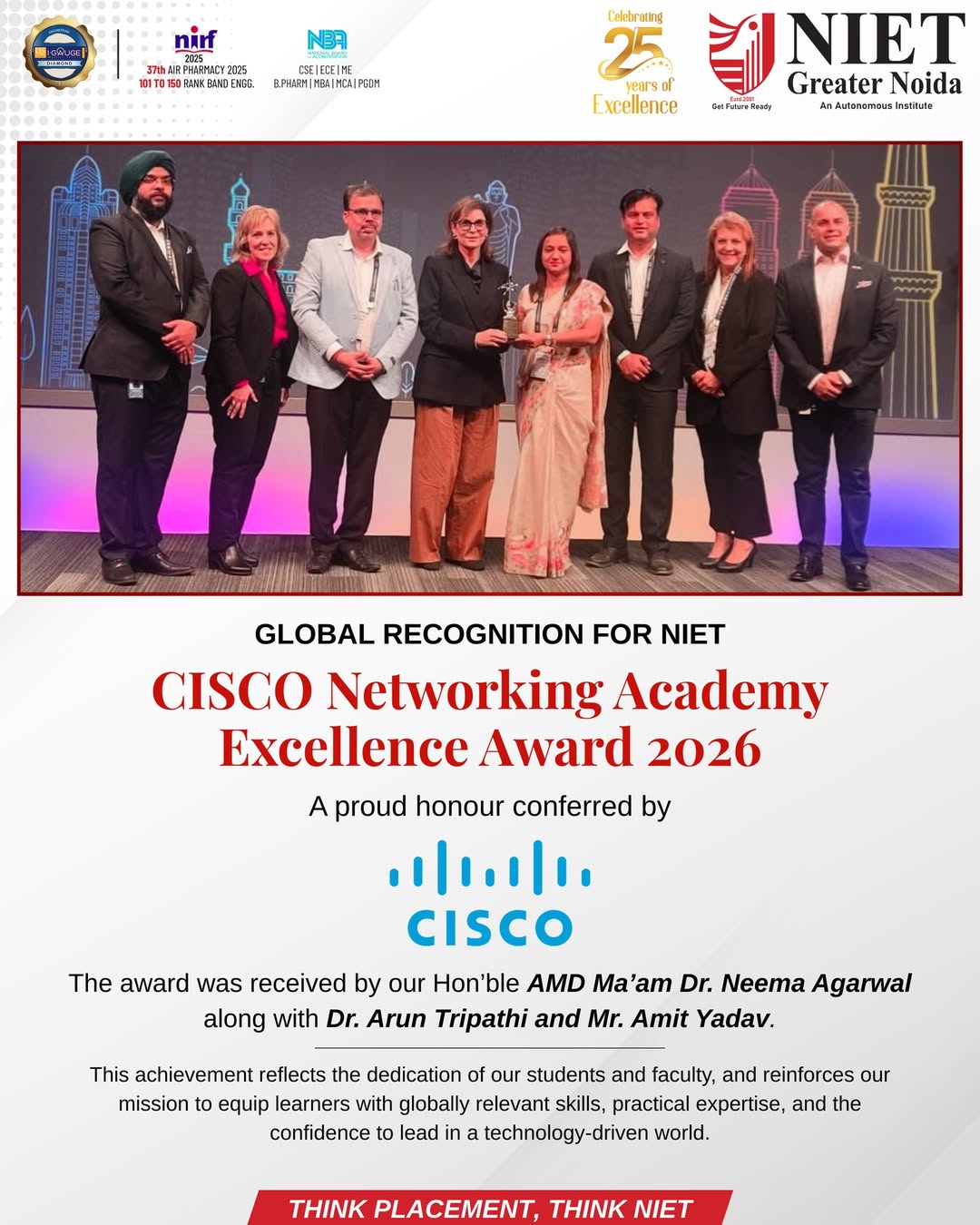 NIET Receives Cisco Networking Academy Excellence Award 2026, Honoured by Global Tech Leader Cisco