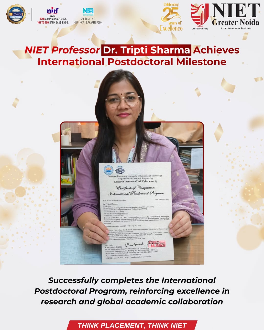 Dr. Tripti Sharma Completes International Postdoctoral Program, Marking Global Research Milestone at NIET