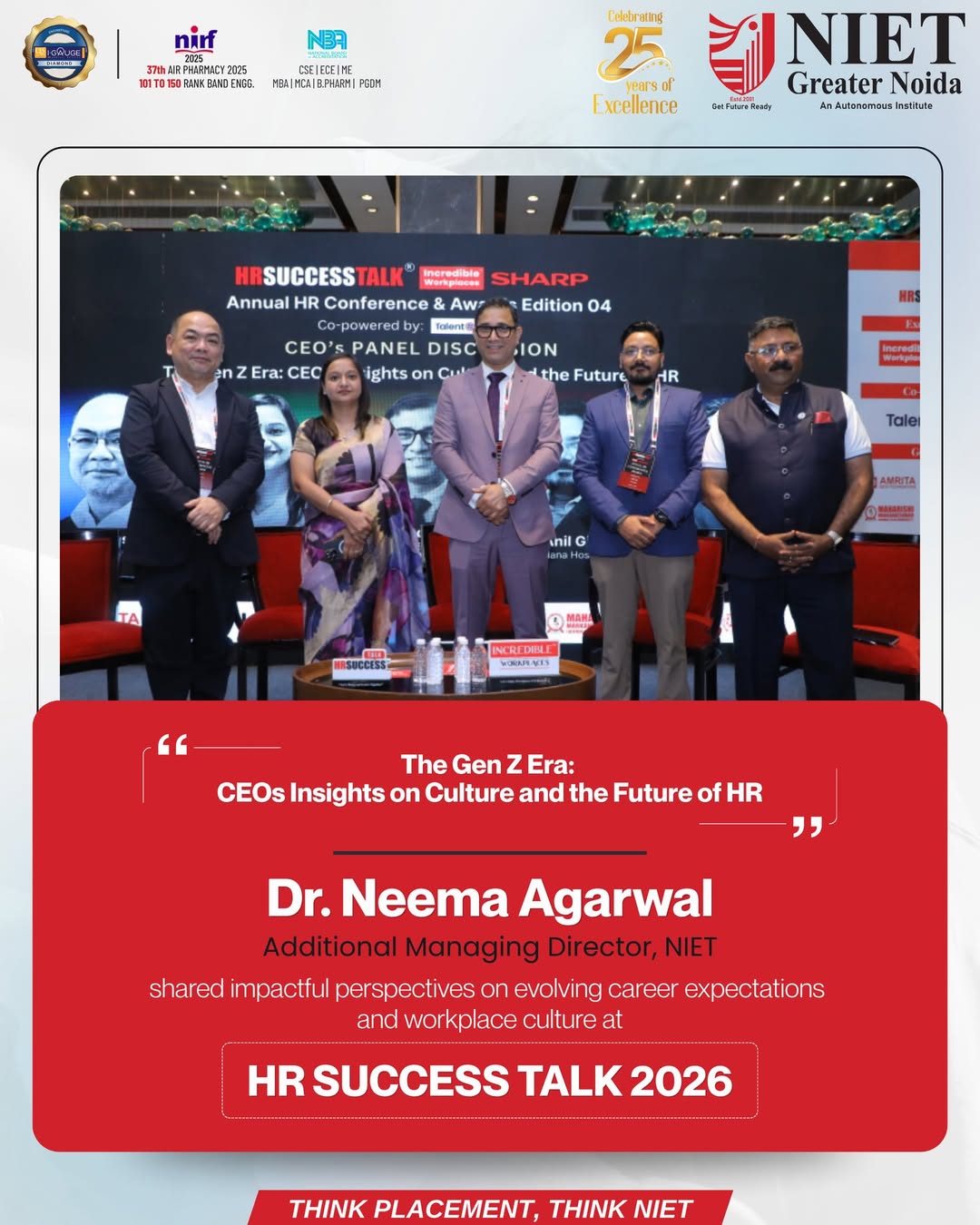 Dr. Neema Agarwal Represents NIET at HR Success Talk 2026 on Gen Z, Culture and the Future of HR