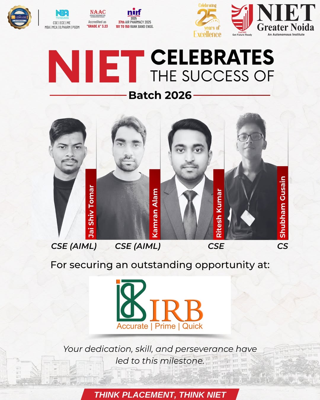 NIET Batch 2026 Students Secure Placements at IRB Infrastructure Developers Ltd., Marking Another Career Milestone