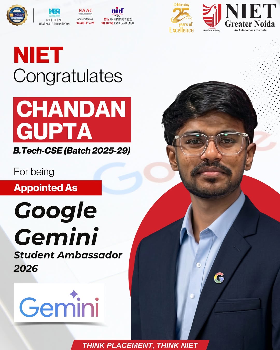 NIET Greater Noida congratulates Chandan Gupta on being appointed as a Google Gemini Student Ambassador 2026.