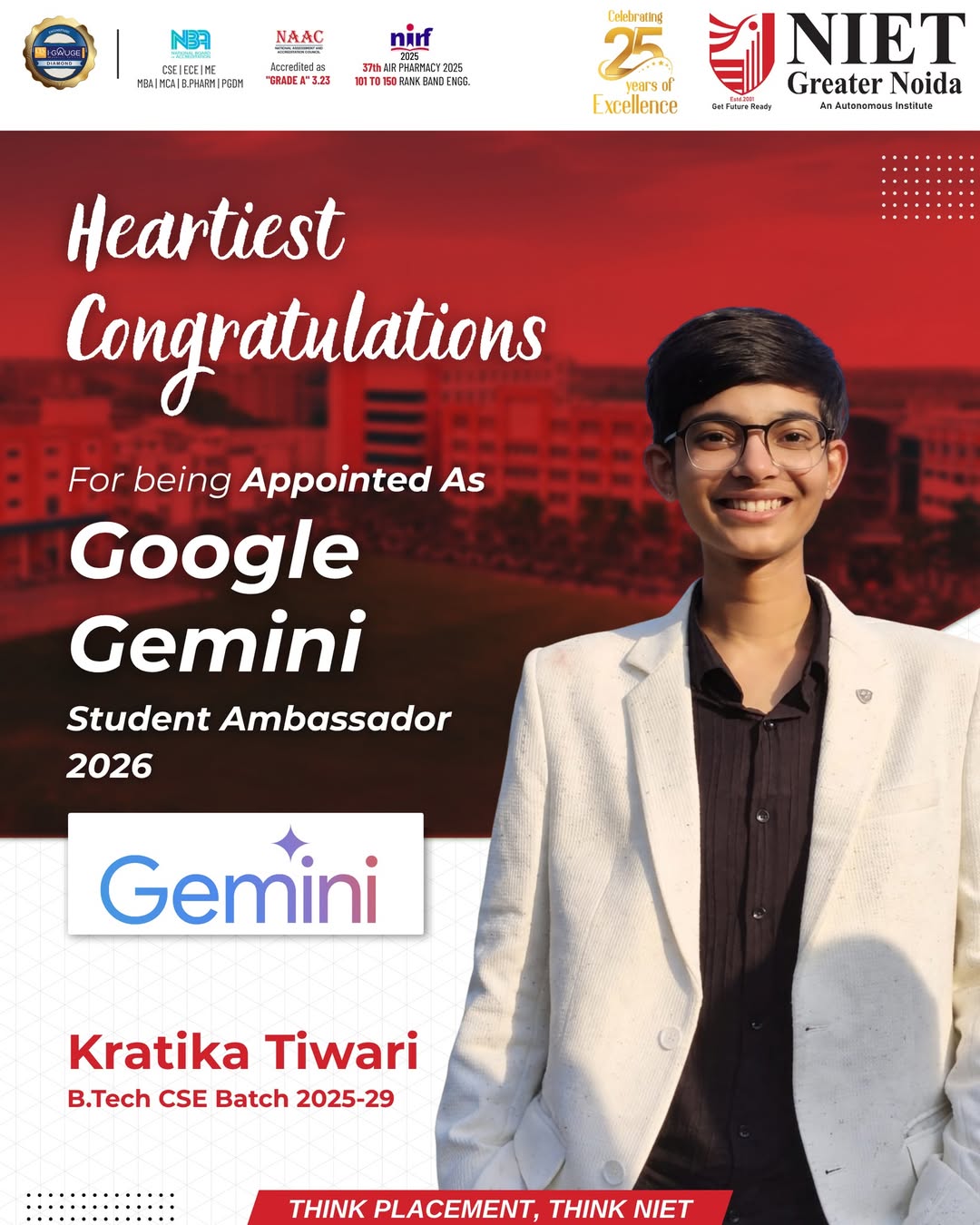 NIET Greater Noida congratulates Kratika Tiwari on being appointed as a Google Gemini Student Ambassador 2026.