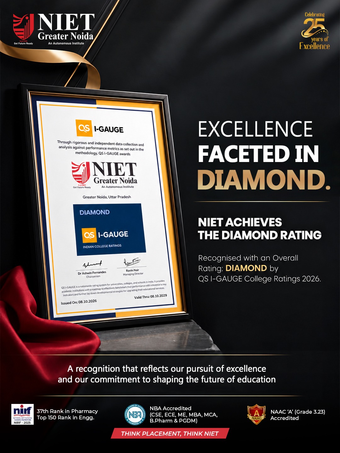 NIET Greater Noida achieves the prestigious DIAMOND Rating in QS I-GAUGE College Ratings 2026, marking 25 years of academic excellence and quality education.